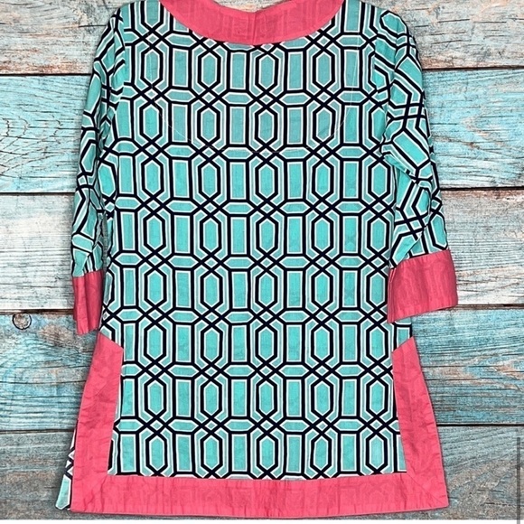 Simply Southern Tunic Top Small Geometric Print Blue Pink Split Sides Logo - Picture 7 of 9